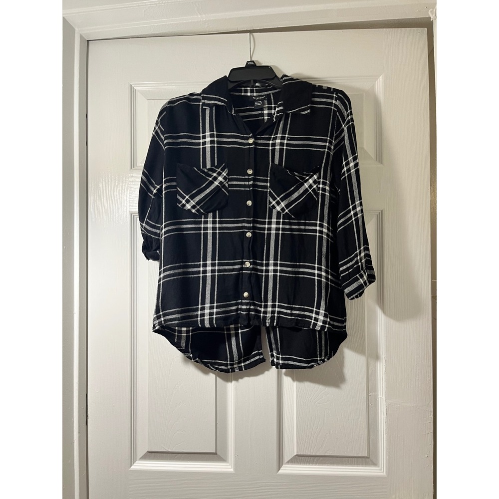 Style‎ House Womens Black White Plaid Roll Tab Sleeve Split Back Shirt Small